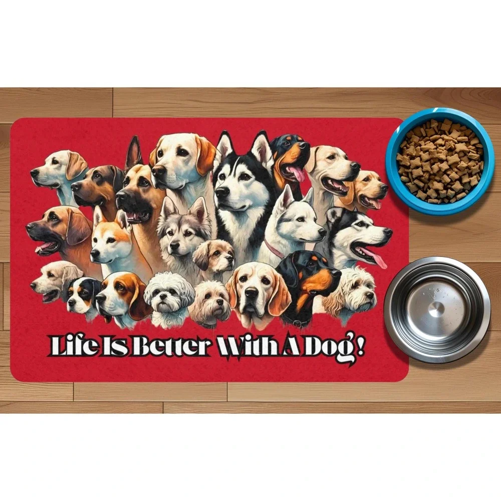 Unique Pet Food Mat, Waterproof Feeding Tray, Dog Lover Gift, Dog Illustration